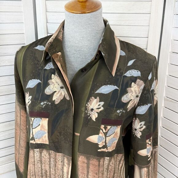 Vintage Dress Barn Printed Button Front Blouse Shirt Olive Tan Small - Picture 6 of 10